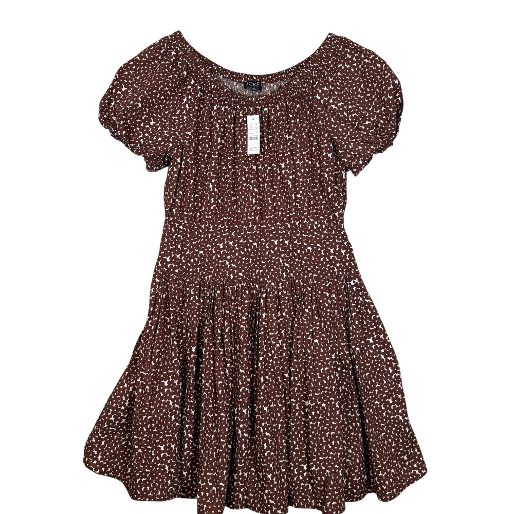 New J. Crew Puff Sleeve Mini Dress 10 Brown White Floral Off Shoulder Drop Waist